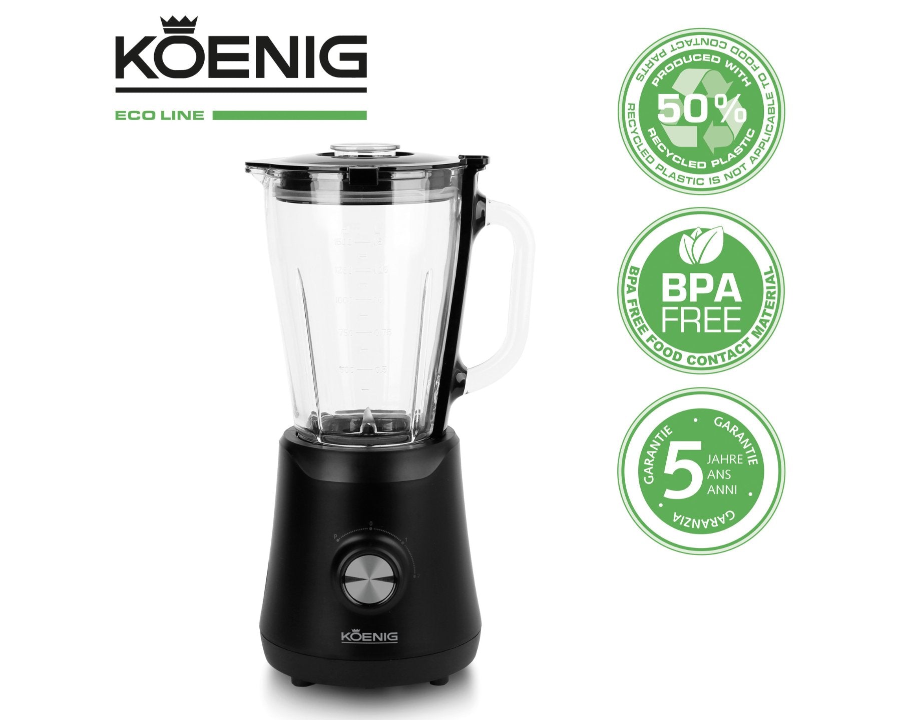 KOENIG Eco Line Standmixer – nachhaltiger 1,5-Liter-Mixer mit Glasbehälter, 4-flügligem Edelstahlmesser, 2 Geschwindigkeitsstufen und Pulsfunktion. Gehäuse aus 50 % recyceltem Kunststoff, BPA-frei. 5 Jahre Garantie & kostenloser Versand in der Schweiz. Standmixer Eco Line - kitchen - more.ch