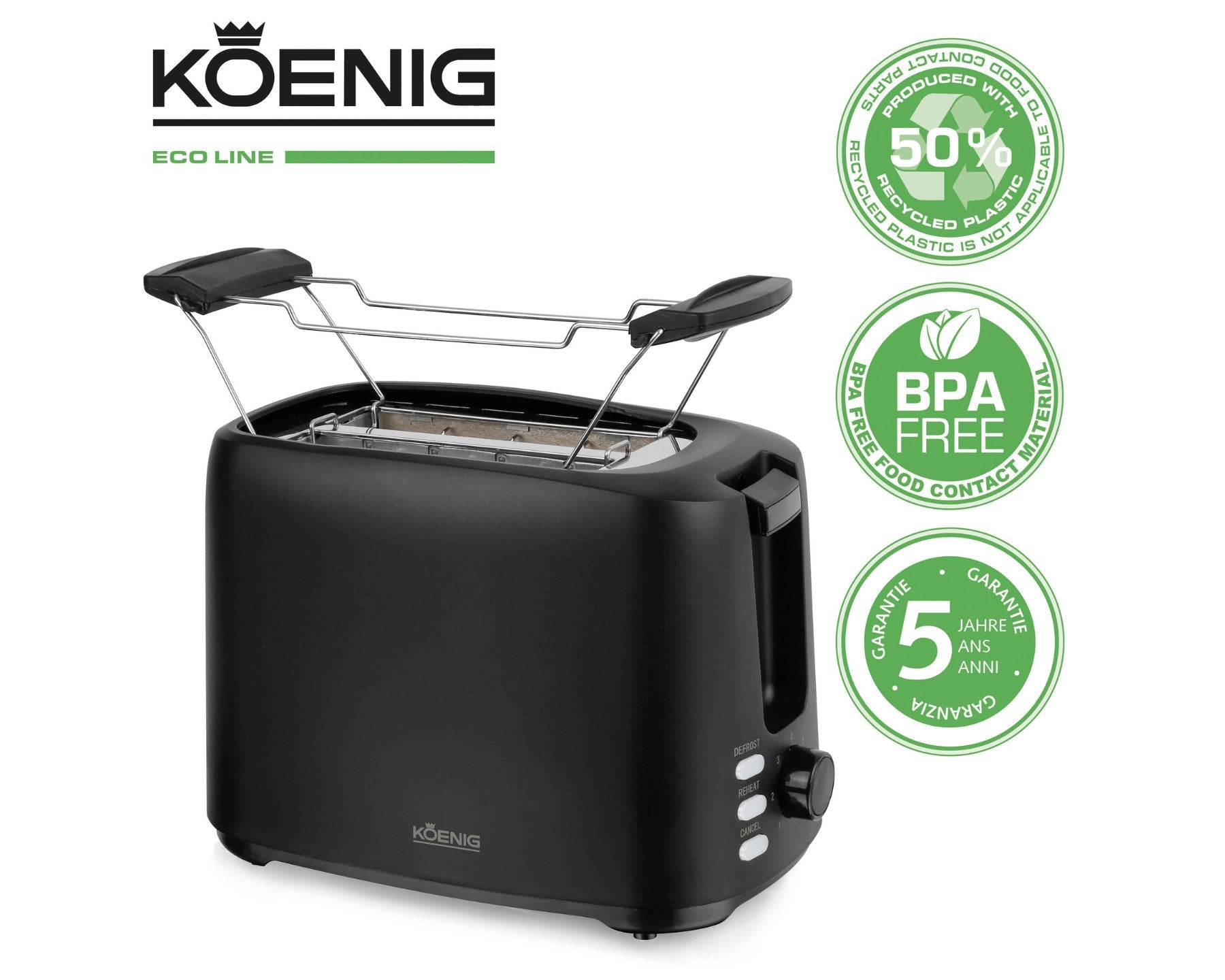 KOENIG Eco Line Toaster – nachhaltiger Toaster mit Gehäuse aus 50 % recyceltem Kunststoff, BPA-frei, zwei grossen Toastschlitzen und stufenloser Bräunungsregelung. Kostenloser Versand in der Schweiz. www.kitchen-more.ch